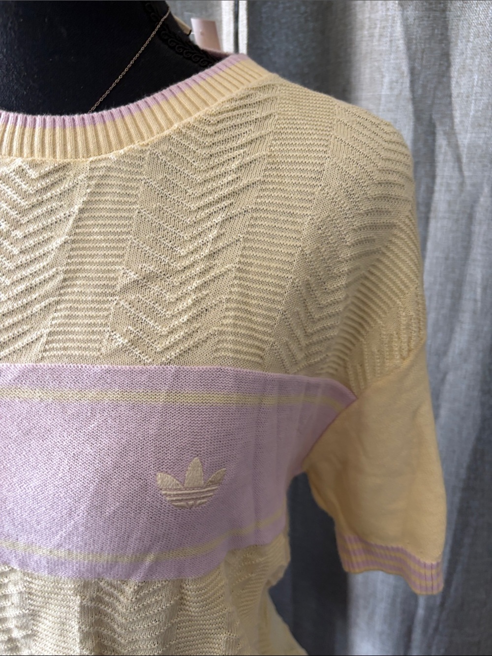 adidas Pale Yellow Knit Tee with Lavender Chest Stripe - Picture 3 of 5